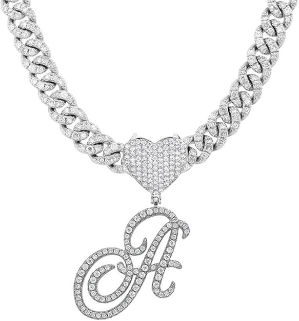 Initial Necklaces Silver Cuban Link Chain for Women Iced Out Chain with Heart Letter Pendants Custom Chain Name Necklace Hip Hop Jewelry Gift