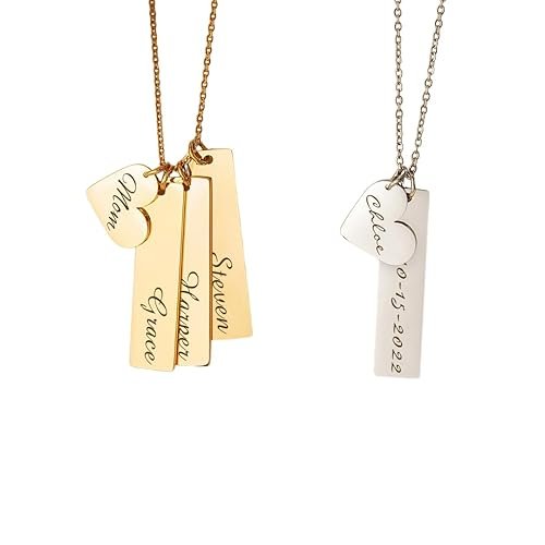 Personalized Engraved Bar & Heart Charm Necklace – Custom Name Jewelry for Women – Stainless Steel – PVD Gold Plated Tarnish-Resistant – Gift for Mom, Wife, Daughter – Birthday, Mother’s Day