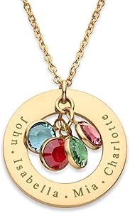 Birthstone Necklace for Mom 1 to 5 Kids Names and Birth Month Stones, Custom Family Jewelry for Women, Personalized Birthday Day, Mother's Day Gift for Wife Girlfriend, Grandma, 18k Gold Plated