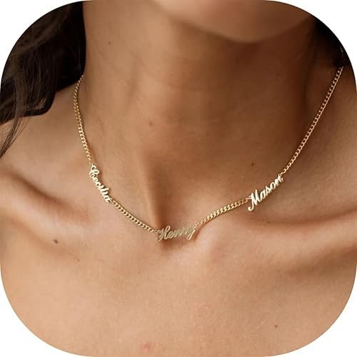Personalized Name Necklace with Curb Chain, 18K Gold Plated Handmade Custom Family Choker Customized Child Nameplate Necklace Mother's Day Jewelry Gift for Mom, Wife (3 Names Necklace)