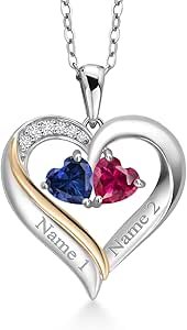 2-Heart Couple Name Engraved Pendant Necklace For Women | 925 Sterling Silver and 10K Yellow Gold | Customized and Personalized | Gemstone Birthstone and Lab Grown Diamond | 18 Inch Silver Chain
