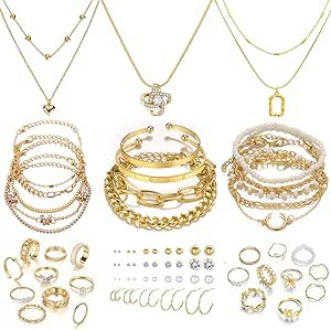 IFKM Gold Plated Jewelry Set for Women Girls,14k Gold Plated Multi Layer Necklaces Stackable Bangle Bracelets Stackable Knuckle Rings Hoop Earrings Set Anniversary Trendy Elegance Charms Anniversary Birthday Jewelry Gift